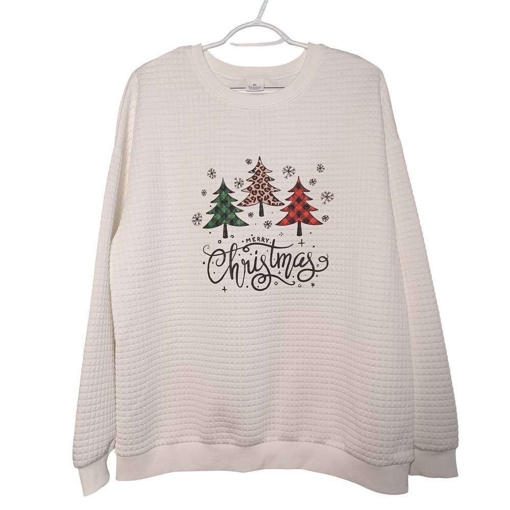 Festive White Waffle Knit Texture Adult XL Merry Christmas Crewneck Long Sleeve